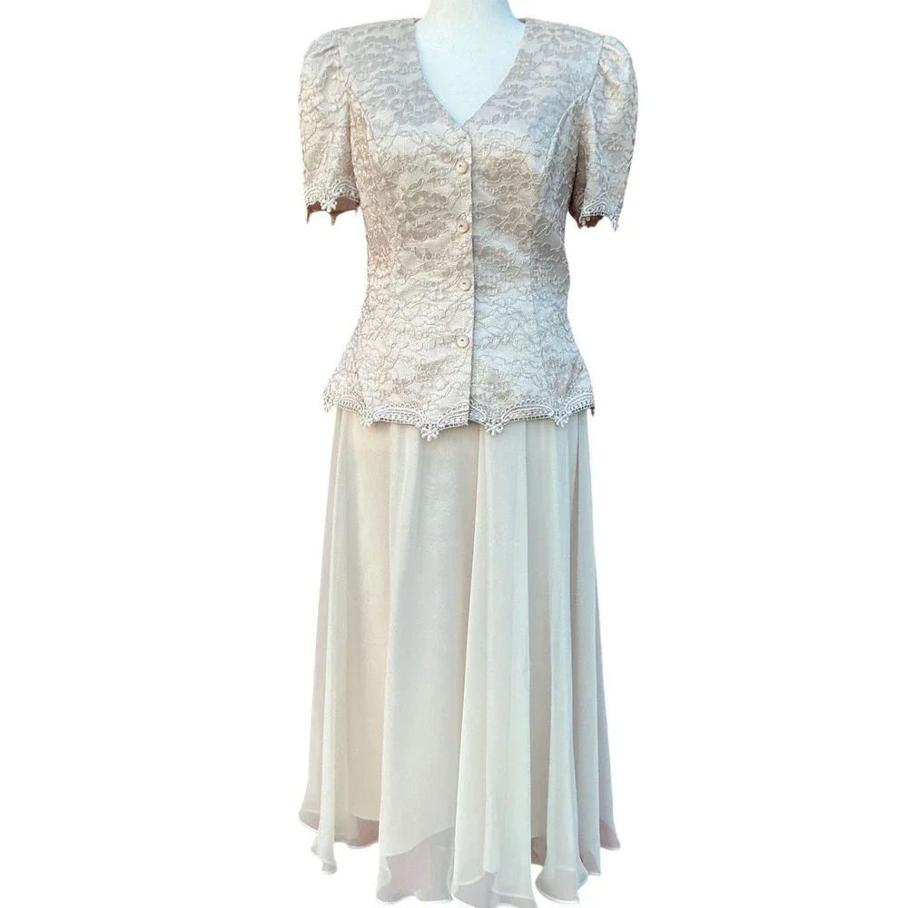 Cachet 2 Piece Dress Set Womens 12 Champagne Lace Chiffon Vintage 90s Romantic